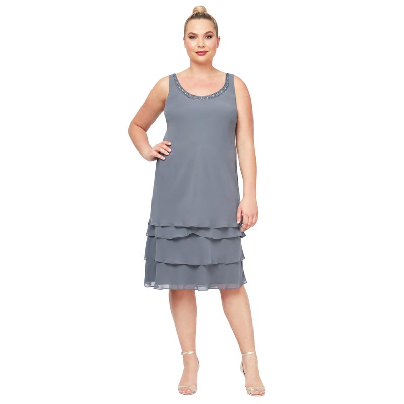 S.L. Fashions Women's Mother of The Bride Tiered Jacket Dress with Shoulder Embellishment, Steel, 24 Plus - Image 2
